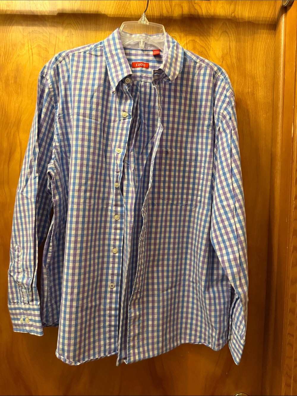 Izod Men's Blue and White Gingham Button-Down Shirt